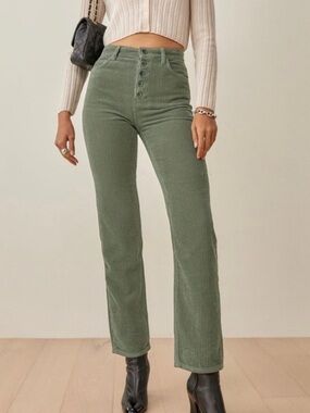 Reformation Cynthia Green Corduroy Pants High Rise Button Fly Straight Size 25